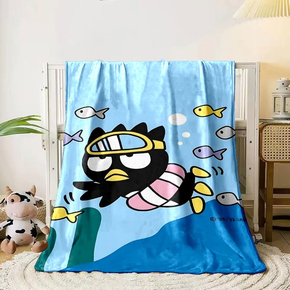 

A cartoon penguin wearing swimming gear surrounded by colorful fish. for all seasons blanket lunch break throw gift 80cm x 120cm