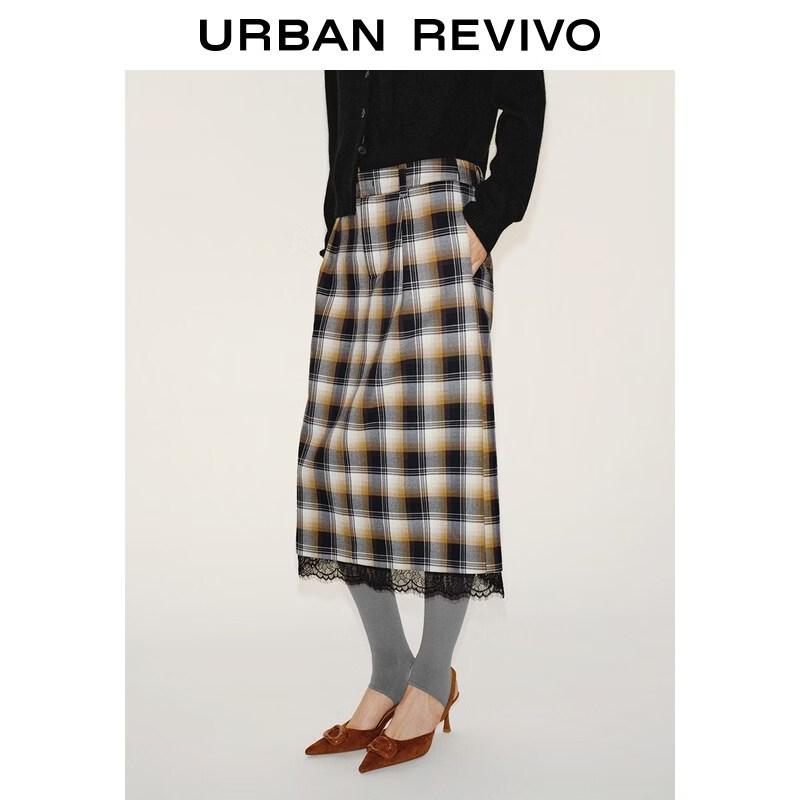 UR2026 Women's Trendy Color-block Plaid Lace Patchwork Skirt