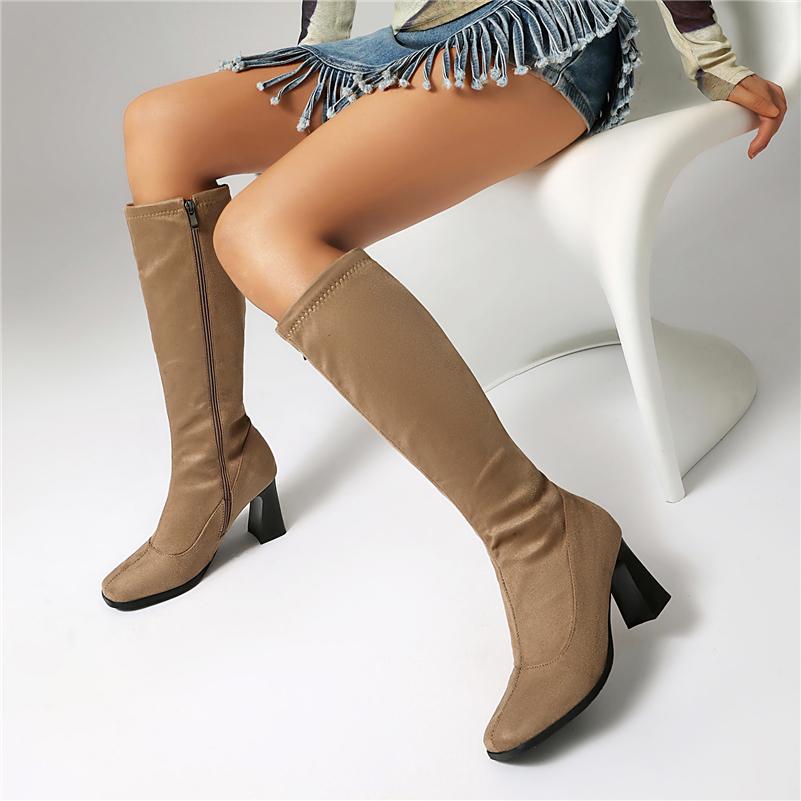 

Meotina Women Knee High Long Boots Square Toe Thick High Heels Zipper Gogo Boots Ladies Fashion Shoes Autumn Winter Khaki 43 34 чорний