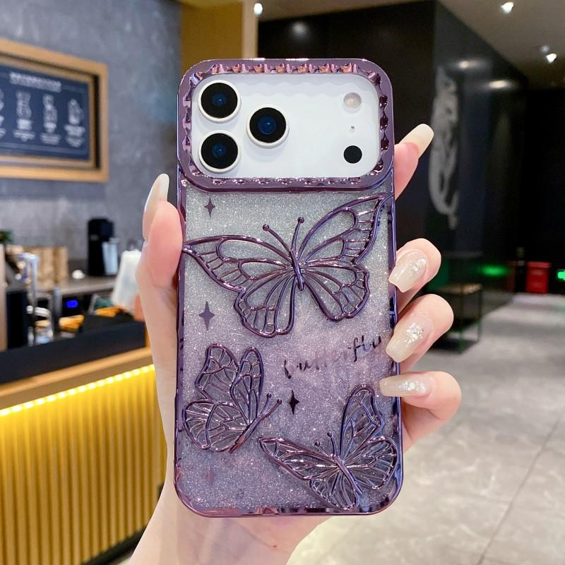 3D Butterfly Glitter Case For iPhone 17 Pro Max 17 Air 17Pro Shockproof Transparent Soft TPU Plating Phone Back Cover