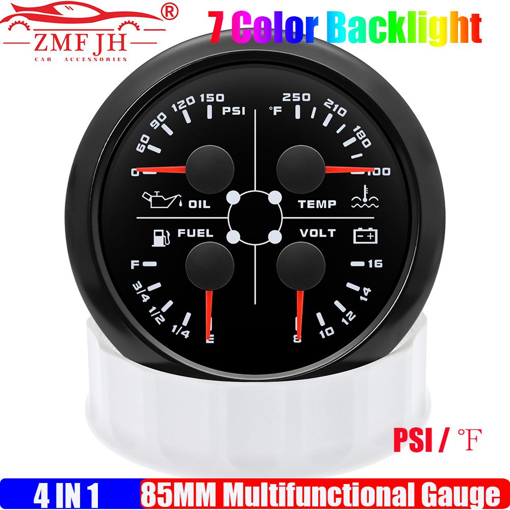 ZMFJH Auto Car Boat 4IN1 Multi-Meter 7 Color 85MM Oil Pressure+Water Temperature+Fuel Level Gauge+Voltage with Flash Alarm 12V
