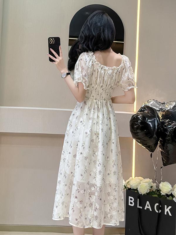 French Ruffle Square Neck Floral Jacquard Midi Dress with Puff Sleeves