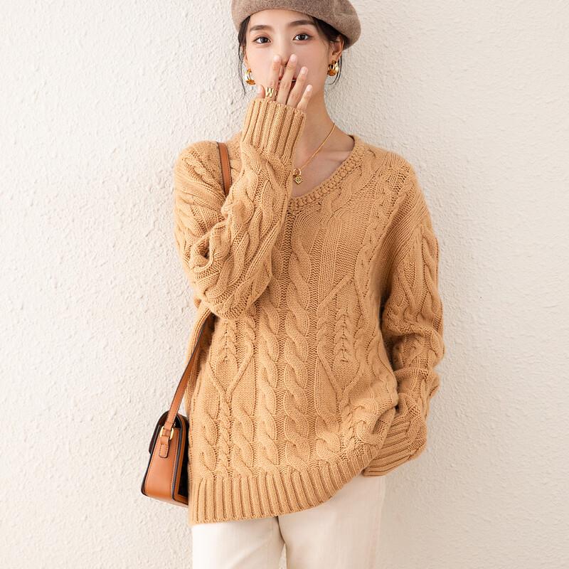 TUHUANG Women's Pure Wool V-Neck Cable Knit Sweater