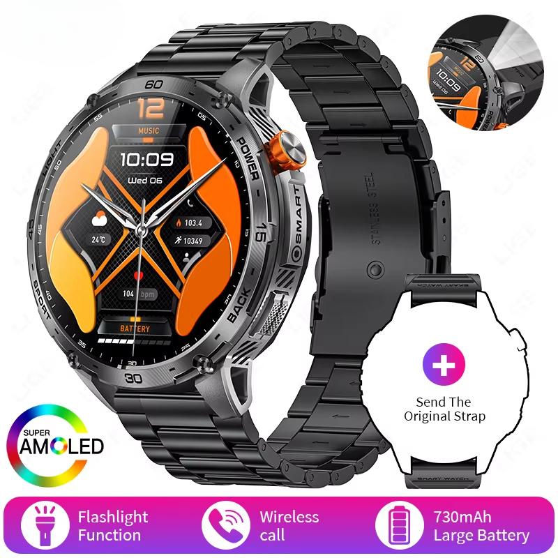 2025 New Military Smart Watch Men 730mAh Large Battery Flashlight AMOLED HD Display 3ATM Waterproof Outdoor Sports Smartwatch
