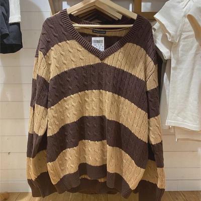 BM Style Damen Streifen V-Ausschnitt Twist Pullover in Braun