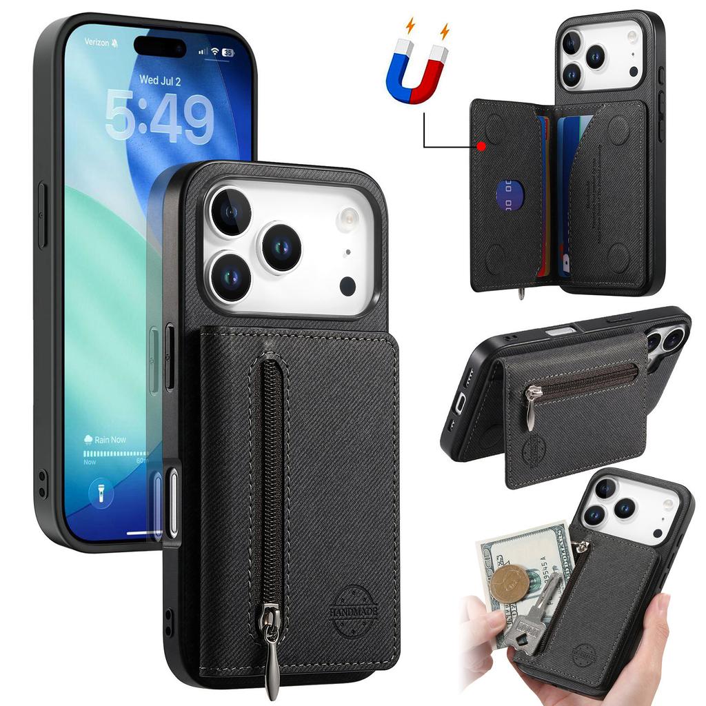 For iPhone 17 Pro Max Case Zipper Card Holder Kickstand Jeans Cloth Texture Leather Back Cover