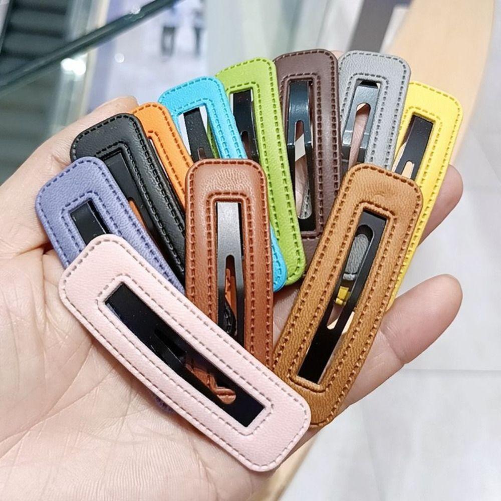 Candy Color Square Leather Hair Clip Pu Leather Side Clip Sweet Girl Hairpin  Travel