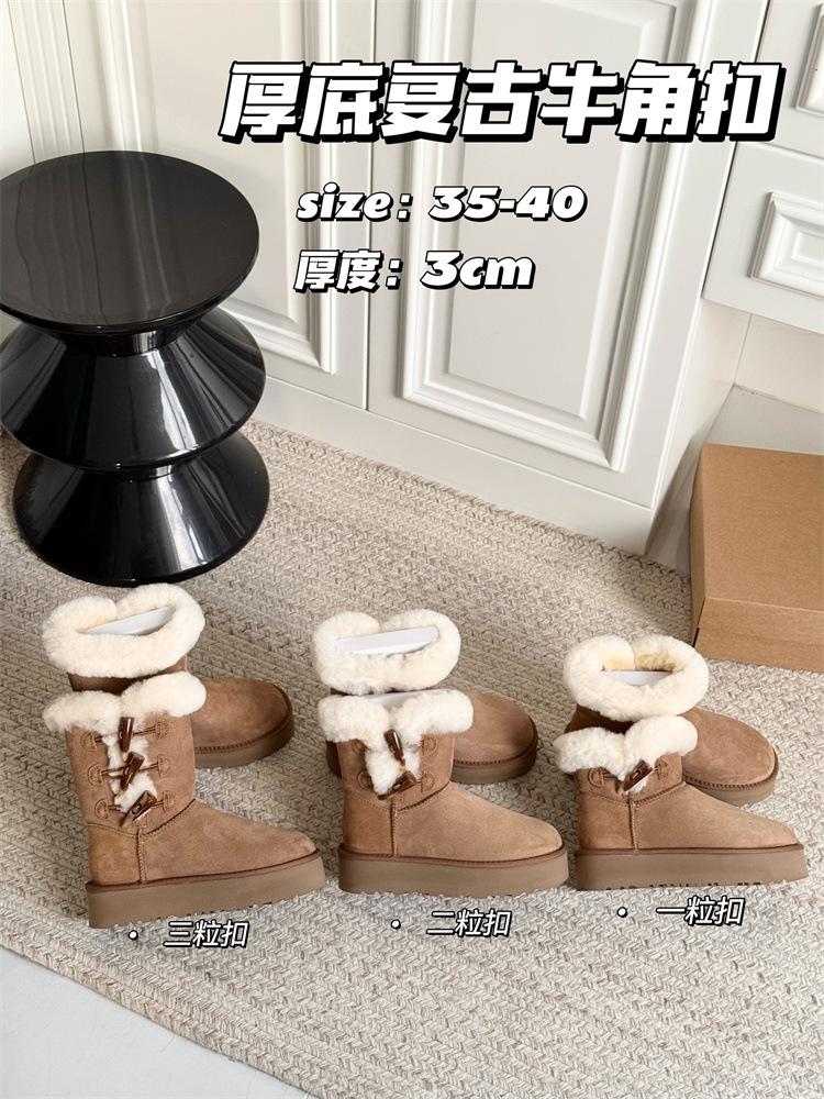 Thick-soled snow boots, integrated fur, winter new horn buckle, medium tube, piled and thickened warm cotton shoes, women's Sangpo