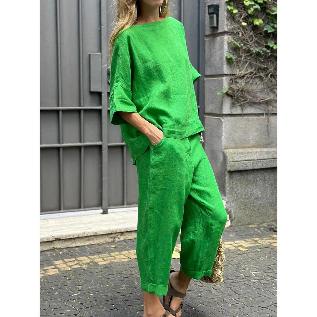 Damen T-Shirt Hosen Set Dreiviertelärmel O-Ausschnitt Lockeres Oberteil Elastische Taille 2 Teile/Satz Übergröße