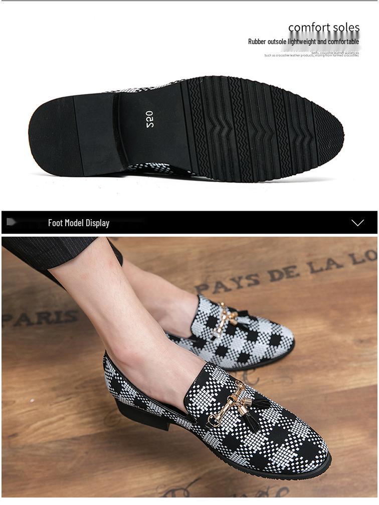 Męskie Casualowe Skórzane Buty w Kratkę z Frędzlami - Koreański Styl, Oddychające, Szpiczasty Wzór na Wiosnę i Jesień 2022