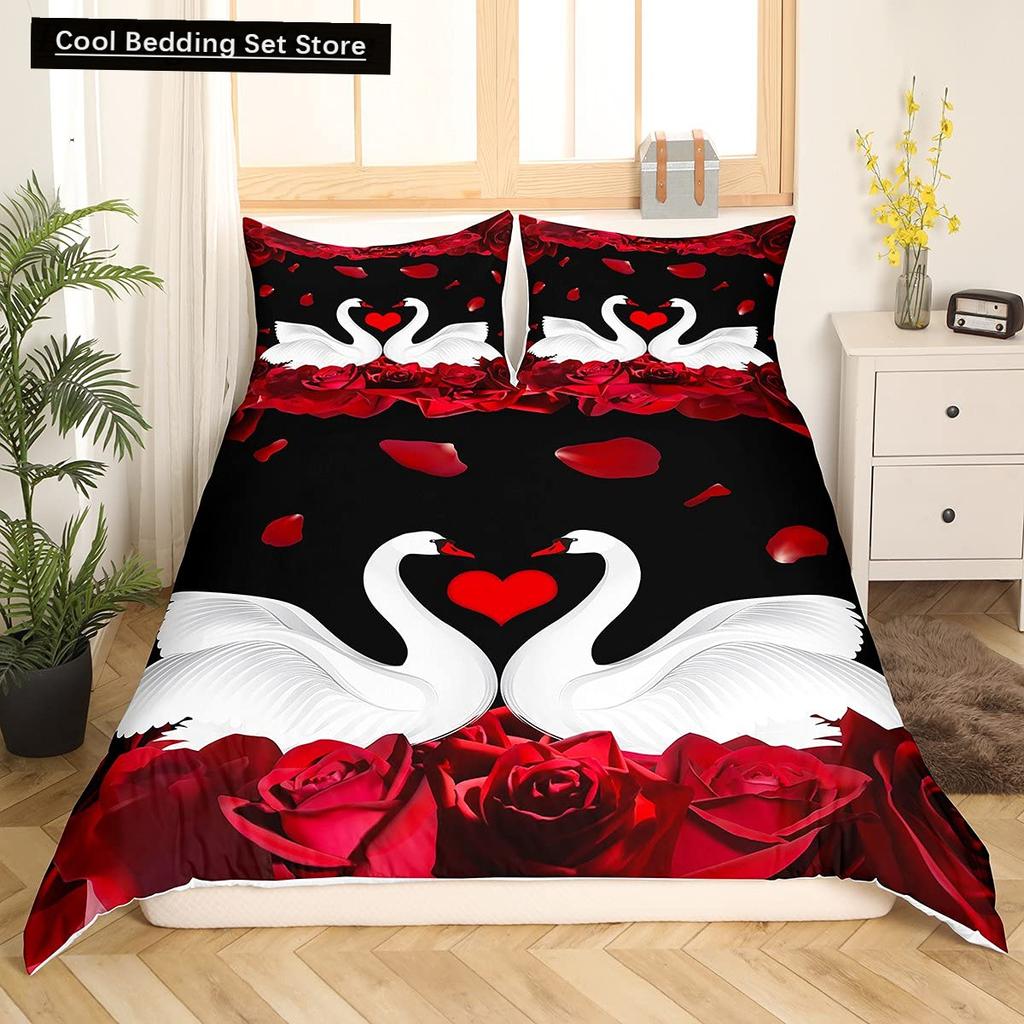 Valentine'S Day Rose King Queen Duvet Cover Red White Floral Bedding Set Romantic Flowers Quilt Cover Polyester Comforter Cover