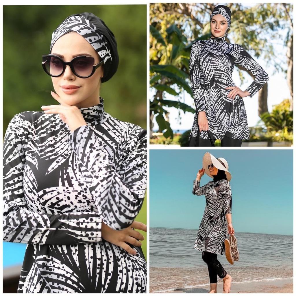 Banana Leaf Print Set Muslim Women Modest Seaside Swimwear Full Coverage Swimsuit Beachwear Burkini Swimsuit Set (Without Headscarf)