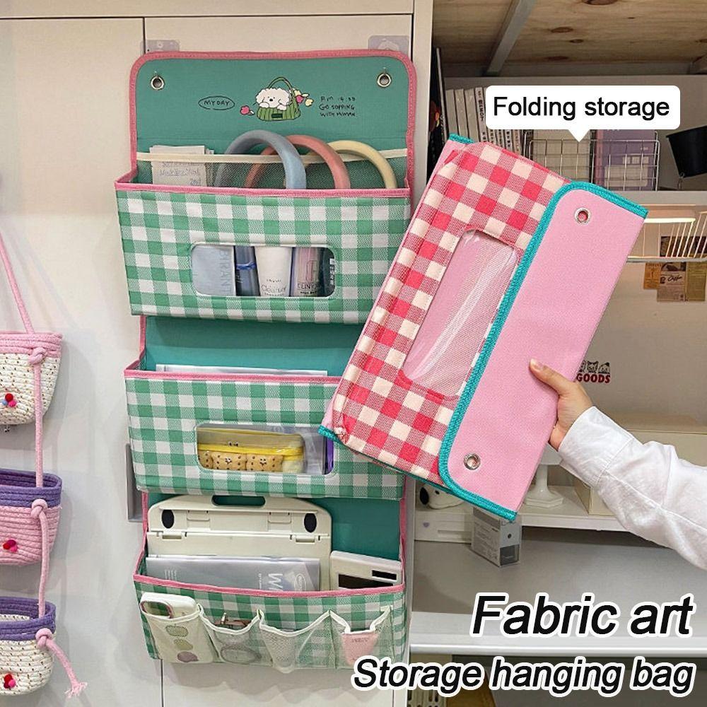 

Wall Hanging Storage Bag 3 Layer Grid Hanging Bag Cartoon Wall Organizer for Dormitory Bedroom зелений