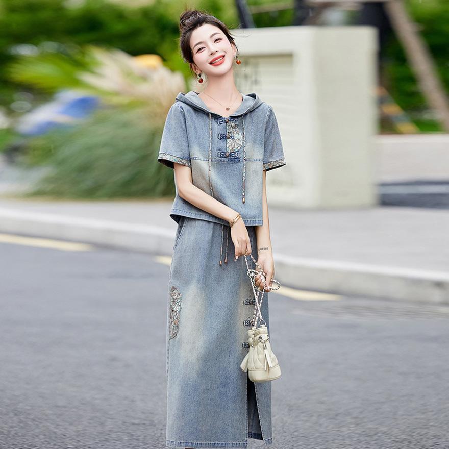 Embroidered denim suit skirt women's summer dress new retro hooded short-sleeved skirt two-piece set
