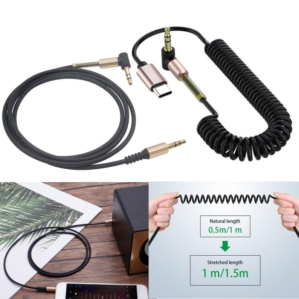 Black Aux Cable Spring Retractable 3.5MM To 3.5MM Jack Speaker Wire Line Connector Type C Audio Cable for Mobile Phone