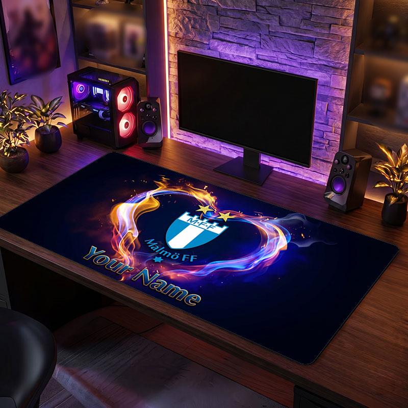 Malmö FF Custom Large Mouse Pad, Personalized Name Text Print, Football Logo Non‑Slip Desk Mat Gaming Gift