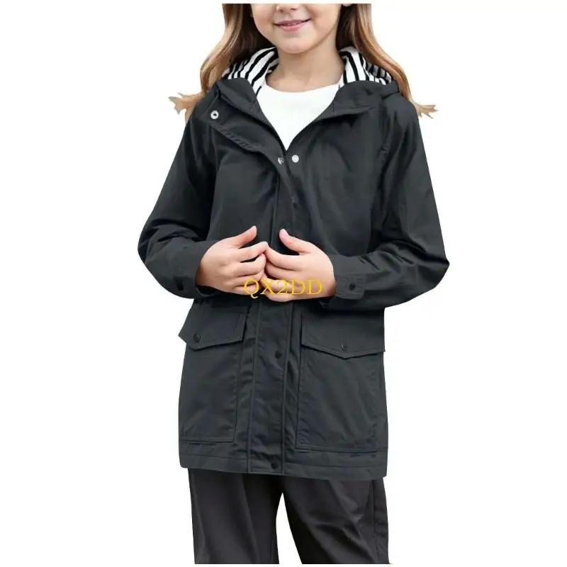 Kids Boys Girls Lightweight Waterproof Raincoat Zipper Pocket Youth Button Hooded Windbreaker Coat