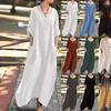 Women Casual Loose Long Sleeve V Neck Pocket Solid A Line Long Dress
