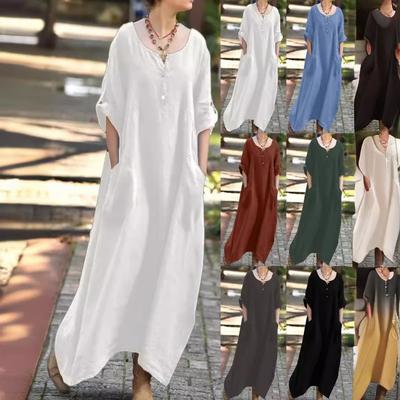 Women Casual Loose Long Sleeve V Neck Pocket Solid A Line Long Dress