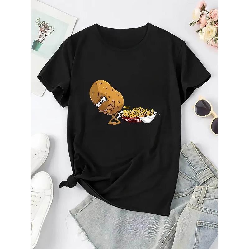 European Sizes Women'S Casual Crew Neck T-Shirt with Creative Potato and French Fries Print, Polyester Knit Fabric, All Season Comfort Fit Tee