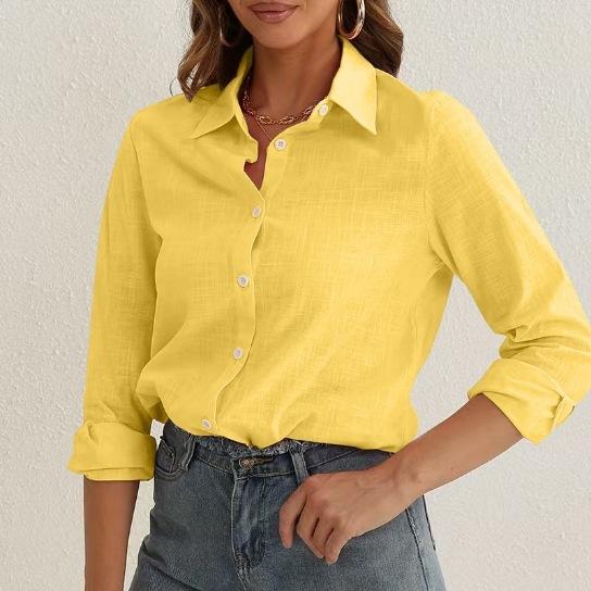 Damen Point Collar Langarm Leinenhemd Lockerer Schnitt Commuter Stil Einfarbig Knopfleiste Bluse 2026 Frühling
