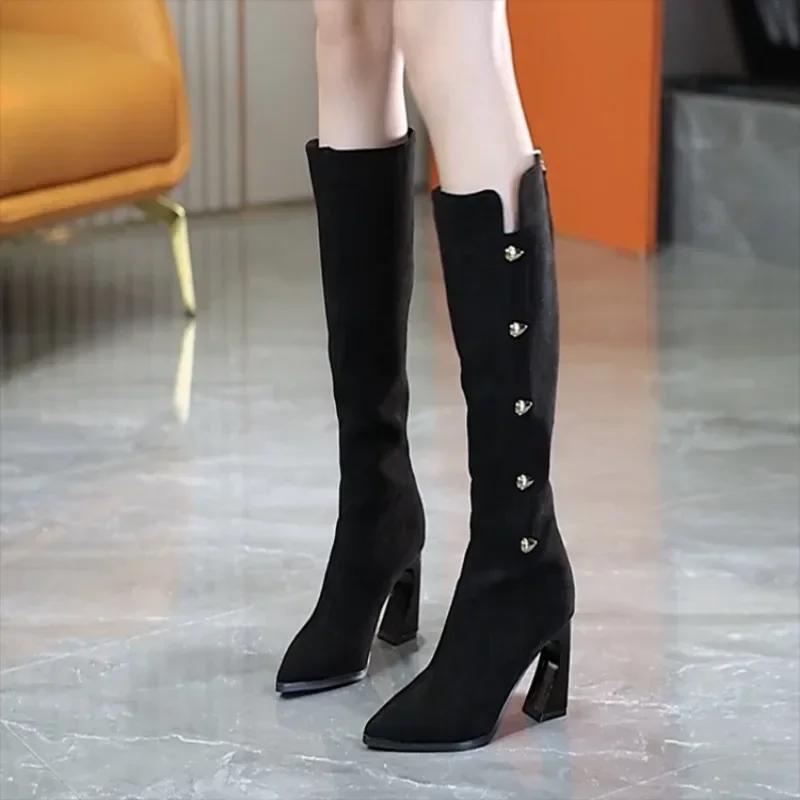 Fashion 2024 Large Size  Big Size High Quality Autumn and Winter   Women's Shoes   Pointed Toe Thick Heel Winter Boots for Women 34-40