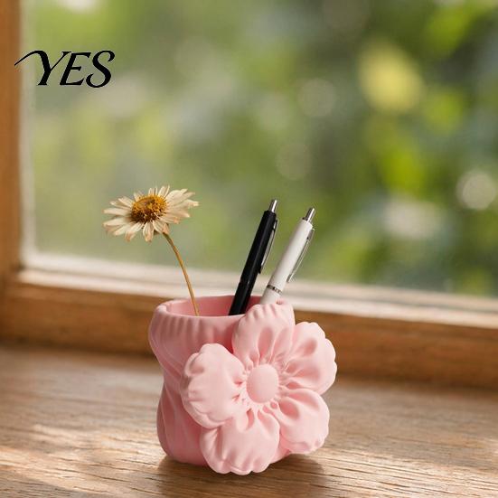 High-end Matte Texture Pen Holder 3D Printed Silk Flower Holder, Cute Puff Desk Floral Design Accessory Organizer, Makeup Brush Storage, Vase