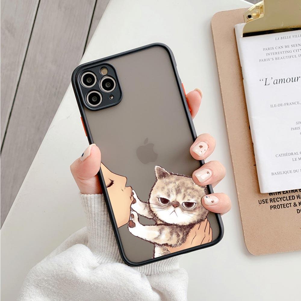 Cute Shockproof Translucent Matte Phone Case For Iphone 11 12 13 Pro Max Mini 7 Plus XR X S Cover Lovely Cat Kiss Refuse To Kiss