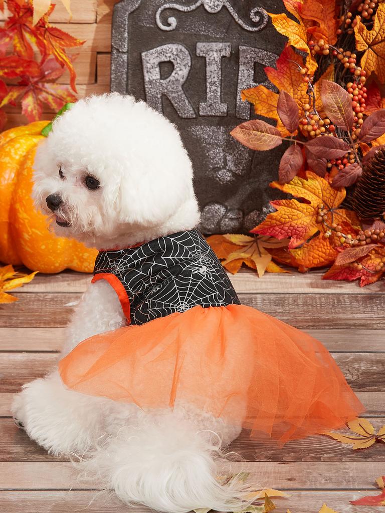 Halloween Dog Tutu Dress with Witch Bat/Spider Web Prints, Tulle Skirt Pet Costume Clothes for Small Dogs/Cats Festival Party