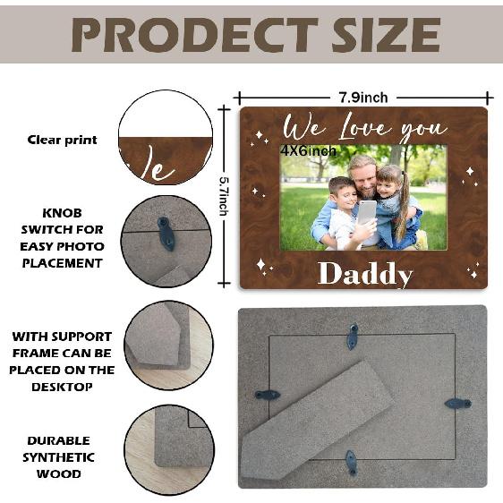 Dad Gift, We Love You Daddy Picture Frames, Father's Birthday Wood Picture Frame Gift, Family Wooden Photo Frame Fitting a 4x6 Inch Photo, Display on