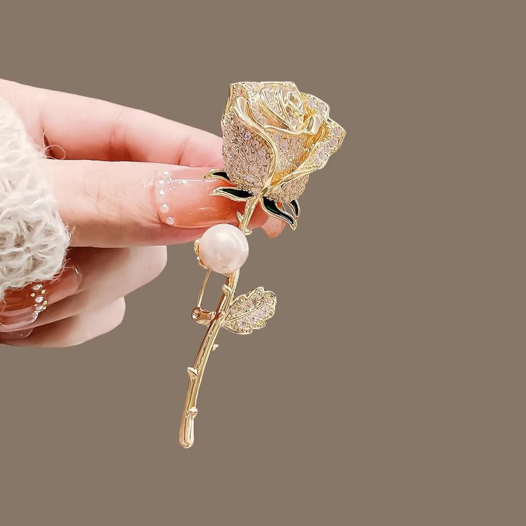 Elegant Pearl Rose Brooch - Large Diamond Accent Pin for Women