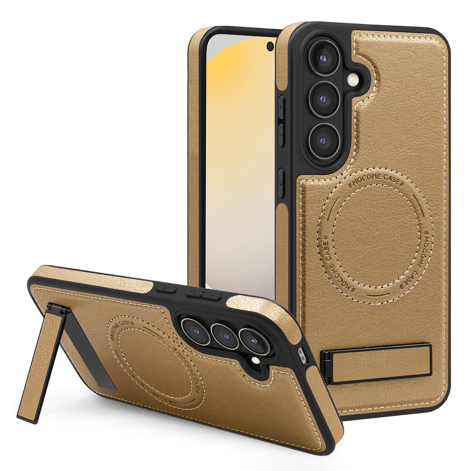 

For Samsung Galaxy S24 FE Case Compatible with MagSafe Kickstand Leather Phone Back Cover Desert Gold