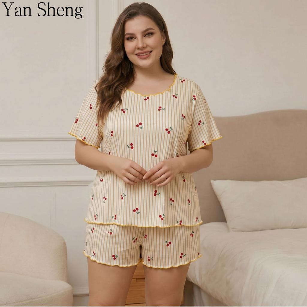 Kadın Pijama Takımı Yazlık Kısa Kollu Şort İki Parça Tatlı Baskılı Günlük Ev Giyimi