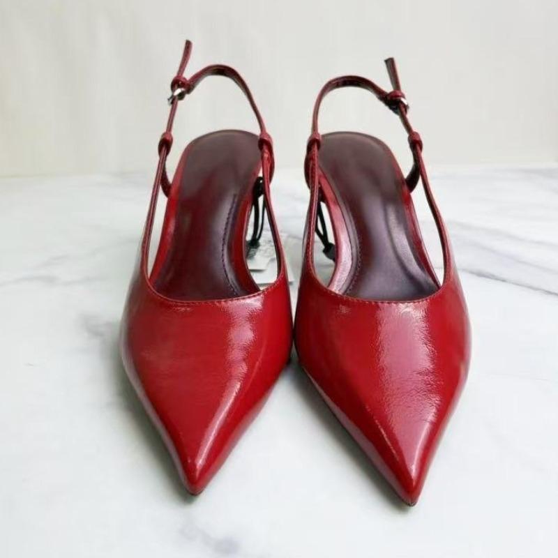 Summer High Heels Women Shoes Pointed Toe Elegant Red Patent Leather Slingbacks Trend Dress Party Stiletto  Sandals