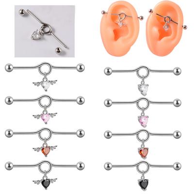 Stainless Steel Love Zircon Barbell Stud Earrings Double Ear Hole Earrings Angel Wings Wings Pendant Ear Bone