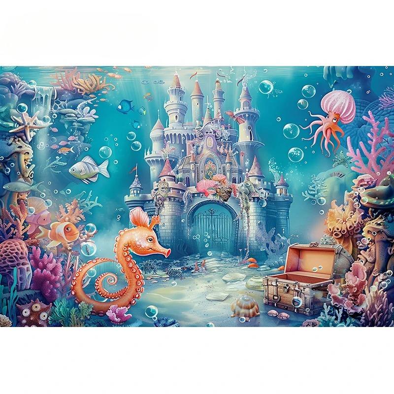 Underwater World Backdrop Summer Mermaid Ocean Castle Kid Birthday Party Cake Smash Decor Banner Photography Background