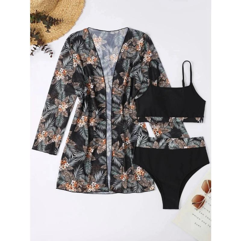 Women Bikini 3 Pieces Suit Black/Green/Red Bikini Sets with Long Sleeved Cover Ups High Quality Size Small-XXLarge