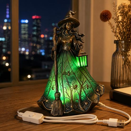 Spooky Home Decor Ornament Halloween Witch Tabletop Lamp, Gothic Night Light with Broom & Lantern, Desktop for Bedroom USB Powered Ambient Mantel