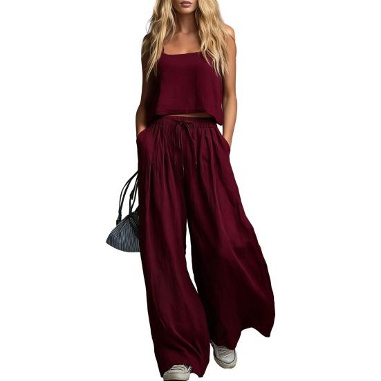 Sommer ärmelloses 2-teiliges Outfit für Damen, lässiges Crop-Cami-Top und weite Hosen, Loungewear-Partnerlook-Sets mit Taschen