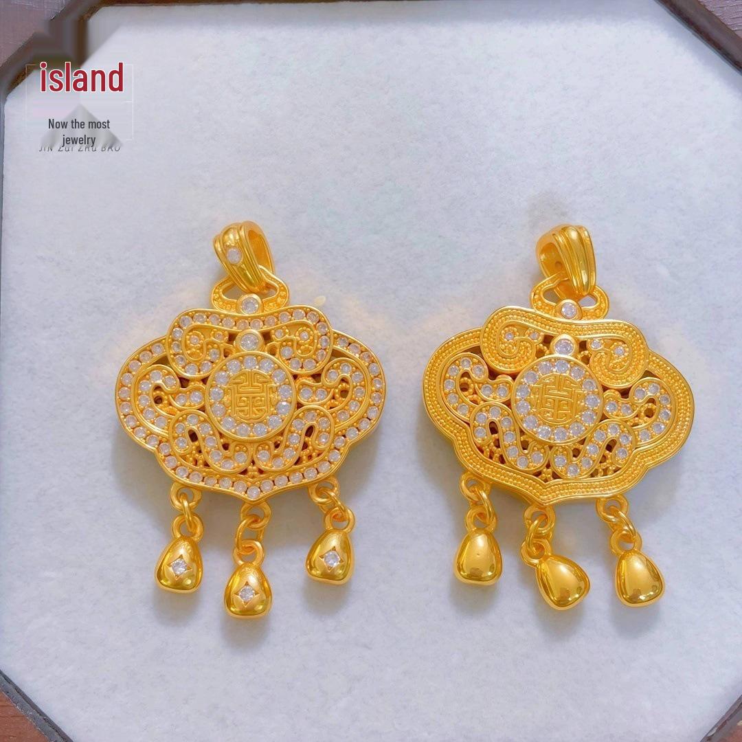 Gold Shop Ruyi Lock Necklace: Inlaid Diamond Peace Lock Pendant with Silk Flower & Fu Shou Symbol for Women