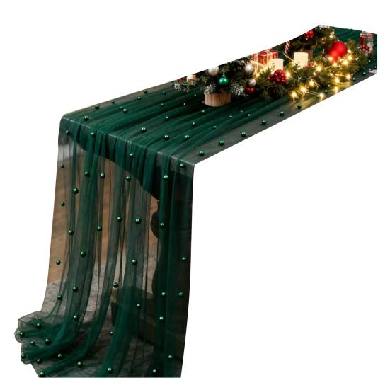 Faux Pearl Gauze Table Runner Boho Sheer Tulle Fabric Table Runner for Wedding Bridal Shower Birthday Party Dining Table Decor