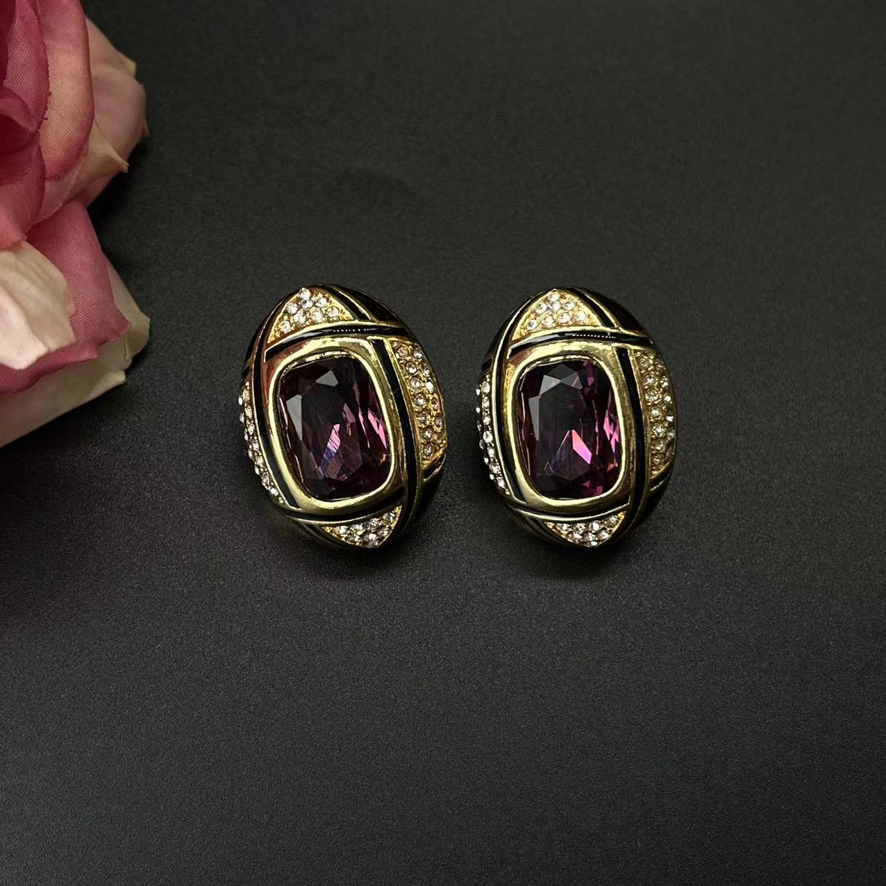 Винтажные Антикварные Французские Ретро Геометрические Овальные Инкрустированные Хрустальные Шицзя Полностью Высококачественные Серьги