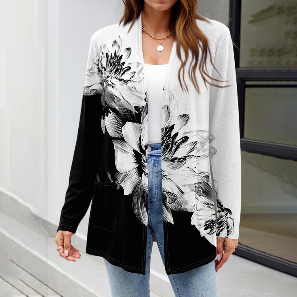 Dámské lehké kardigany s otevřeným předním dílem, dlouhým rukávem, ležérního volného střihu, tenké kardigany s kapsami