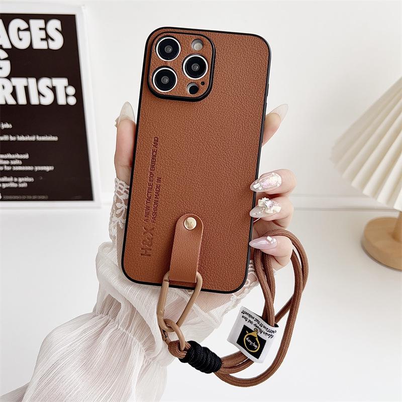 Lychee Pattern iPhone 16 Pro Max Case with Hand Strap - Fits iPhone 12/13/14/16 Models 14 Pro Max коричневый