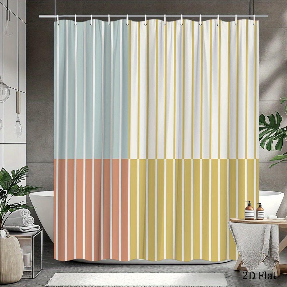 Tri-Color Vertical Stripe Illustration Shower Curtain 1Pc With 12 Hooks For Bathroom Home Decor Polyester 70.8X70.8 Inch