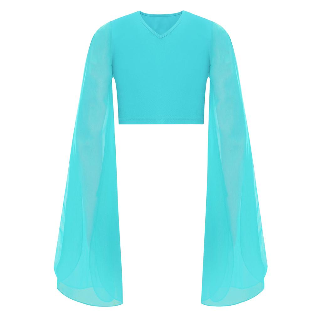 Girls Classical Dance Crop Top: V Neck Split Flared Sleeves Elegant Top for Practice Performance