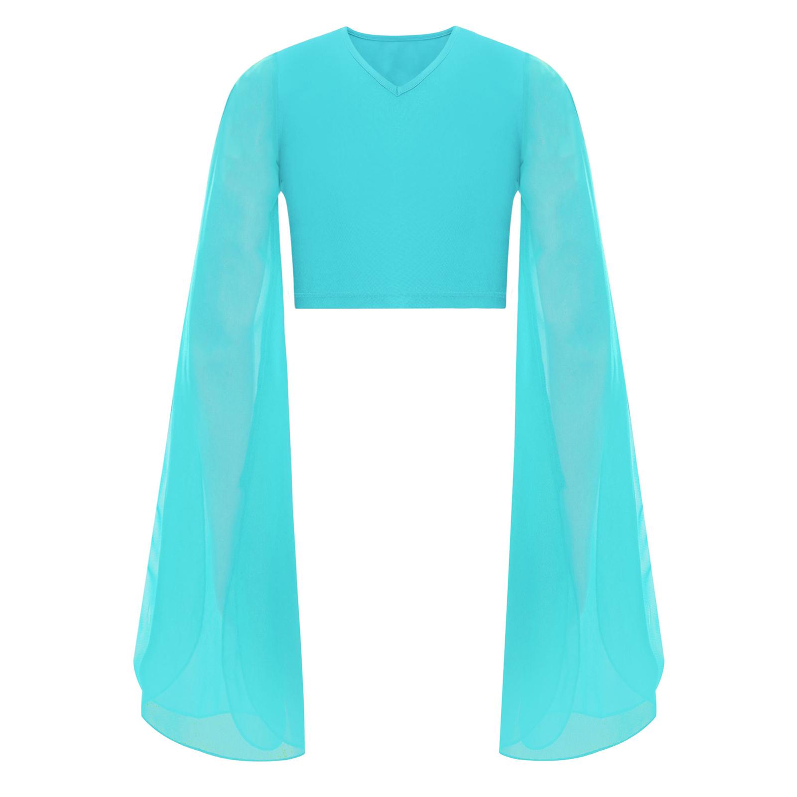 

Елегантний танцювальний топ для дівчат з V-подібним вирізом, рукавами-кльош з розрізами, укорочений топ, одяг для класичних танців, практики, виступів 5-6 Years бірюзовий