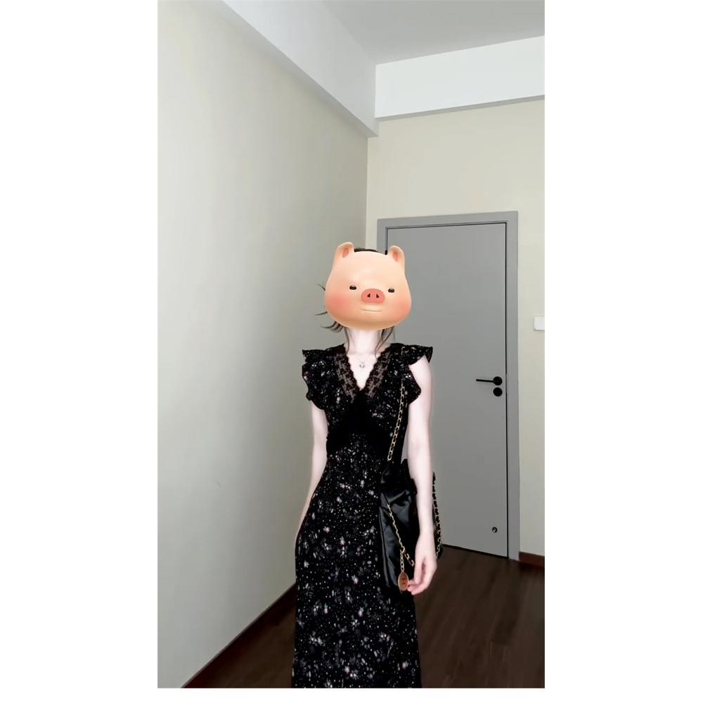 French Black Small Flying Sleeve Floral Dress Women's Casual Summer New Super Good-looking Lace Lace Waist Dress