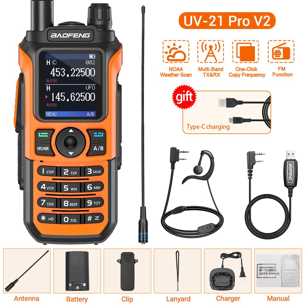 Baofeng UV-21 Pro Walkie Talkie Long Range Air Band Wireless Copy Frequency VHF UHF Type-C Rechargeable Upgrade UV-5R Ham Radio