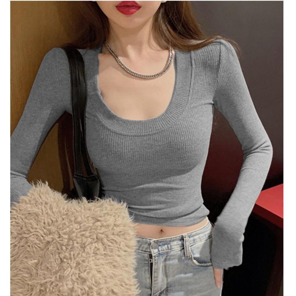 Women's Slim Fit Ribbed U-Neck Long-Sleeve Tee - New Autumn/Winter Korean Style